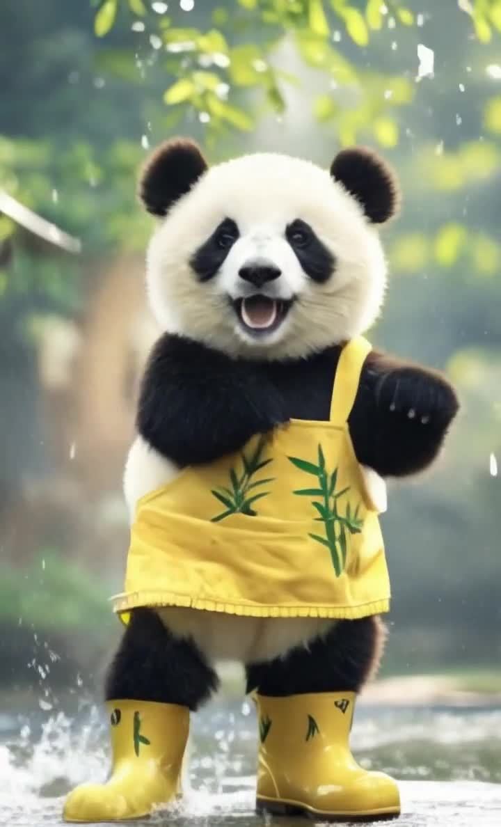 雨中竹林：黄色雨衣熊猫欢乐起舞