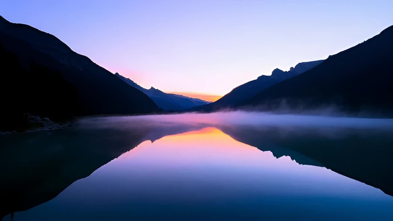 山湖在黎明时分，平静的水面反射周围山峰的倒影。湖面