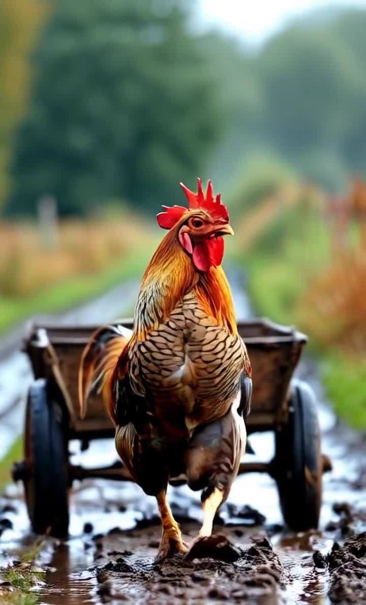 泥泞路上的公鸡与手推车