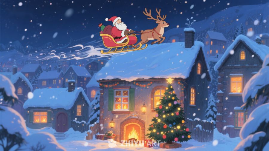 圣诞夜雪景与飞翔的驯鹿雪橇 185