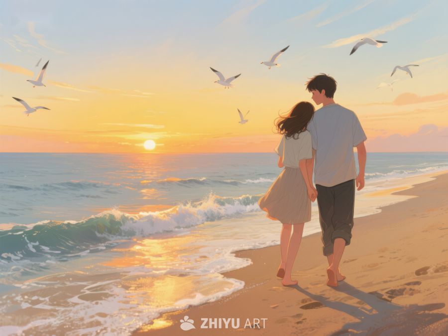 海边日落漫步的情侣 227