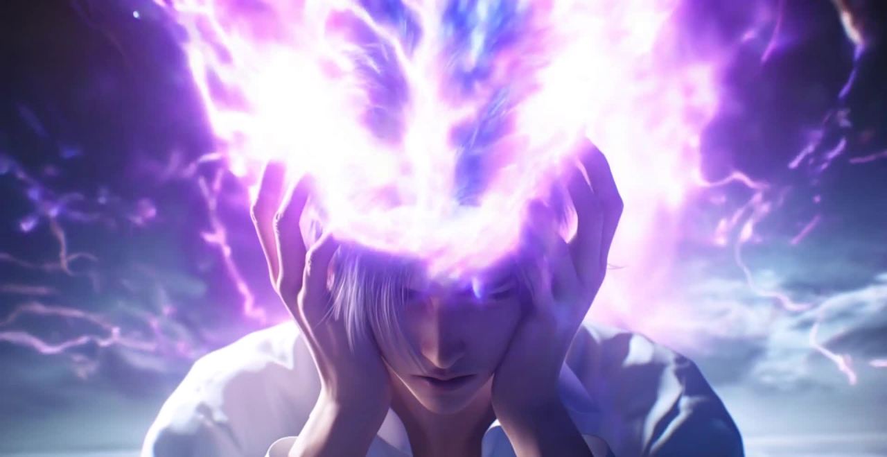 紫色能量爆发下的痛苦少年