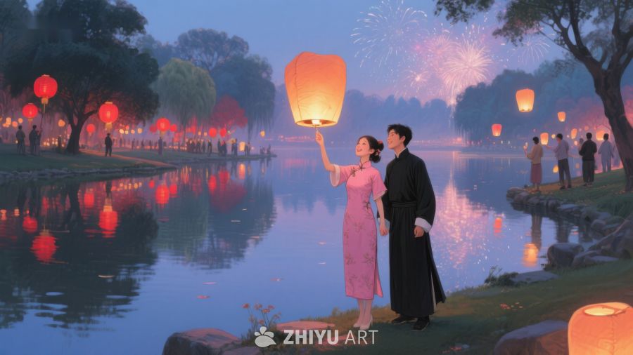 湖畔夜景：情侣放飞孔明灯 337