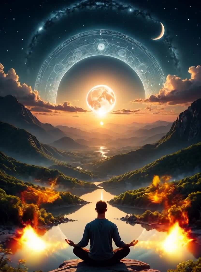 冥想者与自然，星空日月，宁静的山水。