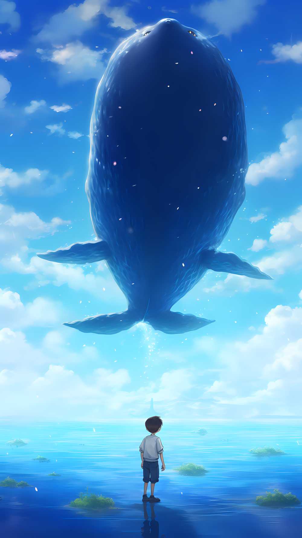 蓝鲸与云和白星，工笔画风格