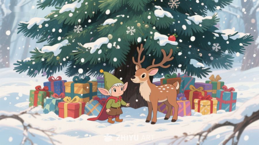 雪地圣诞树下精灵与鹿 314
