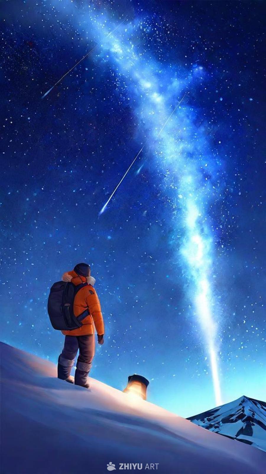 夜间极地，一人身穿橙色外套，背着黑色背包，站在雪地