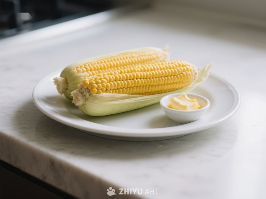 新鲜玉米配黄油，置于盘中 541