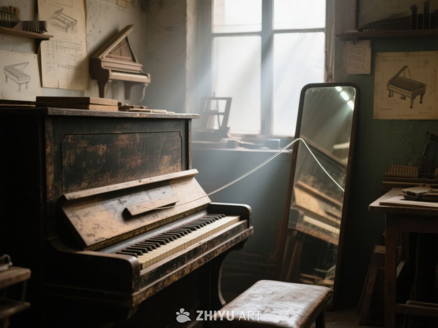 旧钢琴与镜子的静谧角落 197