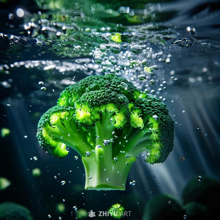西兰花碎块落入水中，呈现电影般的视角。