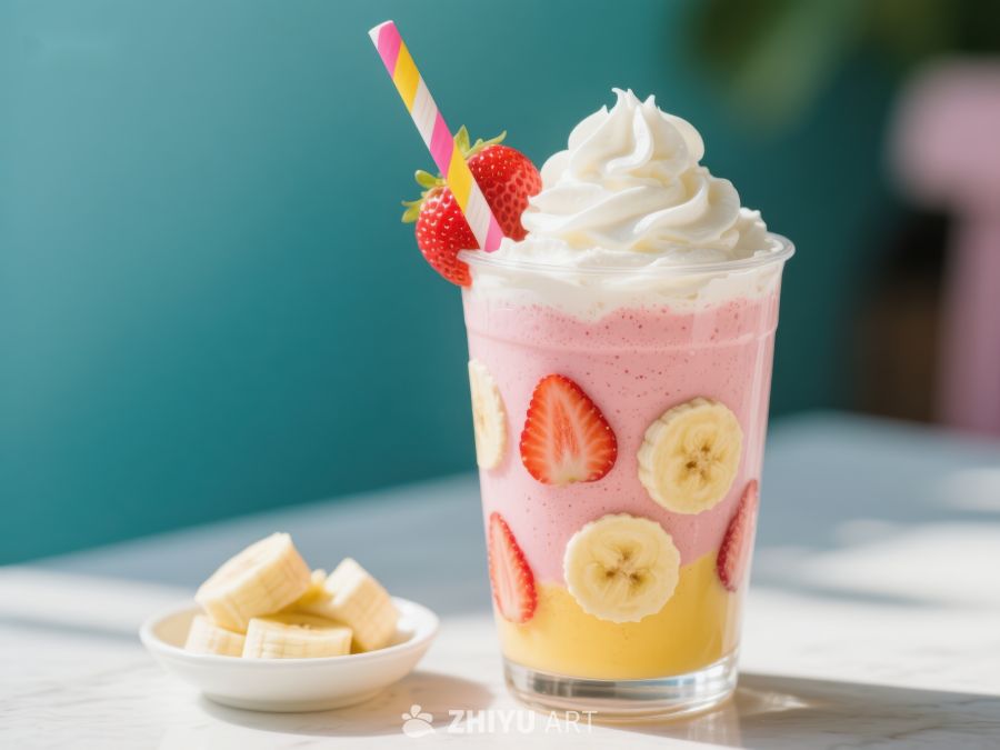 草莓香蕉奶昔配奶油和水果装饰