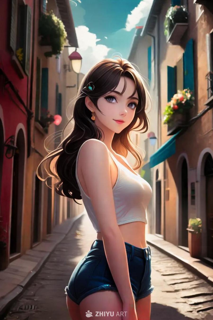 一位动漫风格的女子站在街道中央。她穿着一件白色上衣
