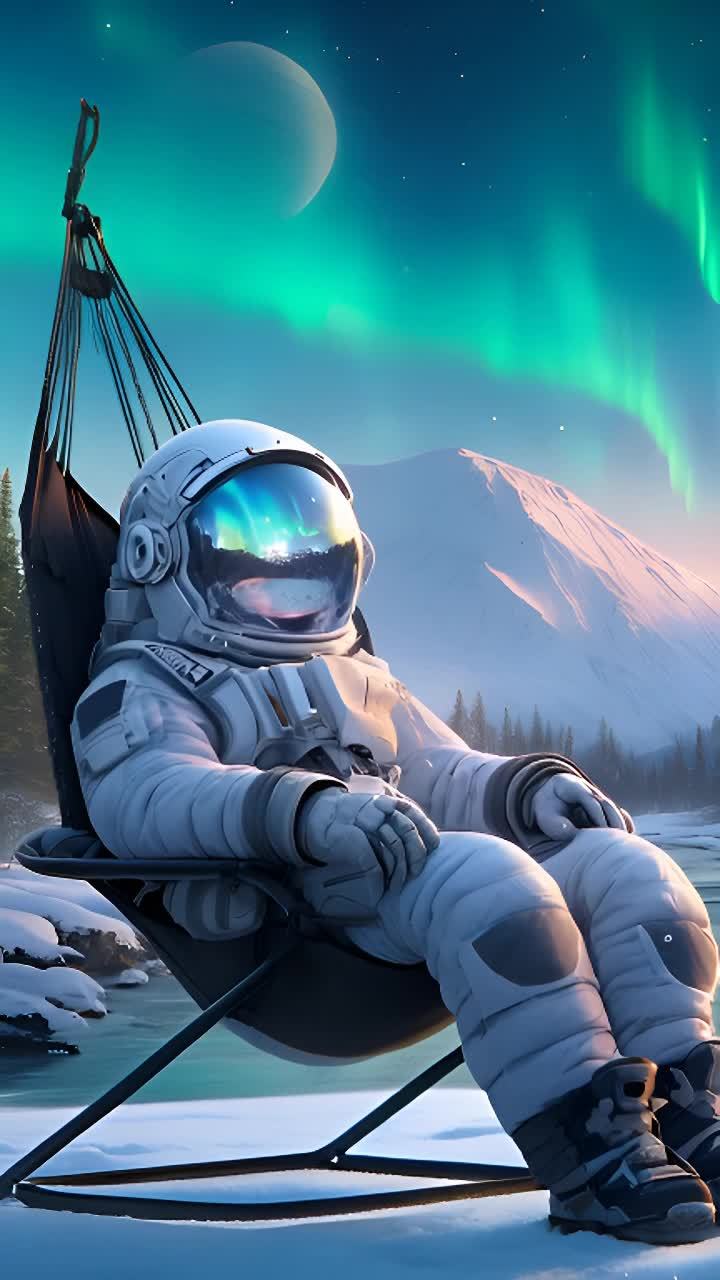 宇航员穿着白色的太空服，戴着透明的反光头盔，悠闲地