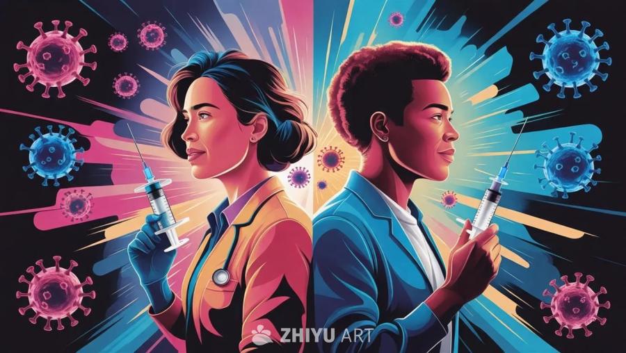 画面中，两位医护人员背靠背站立，一位穿着黄色外套，