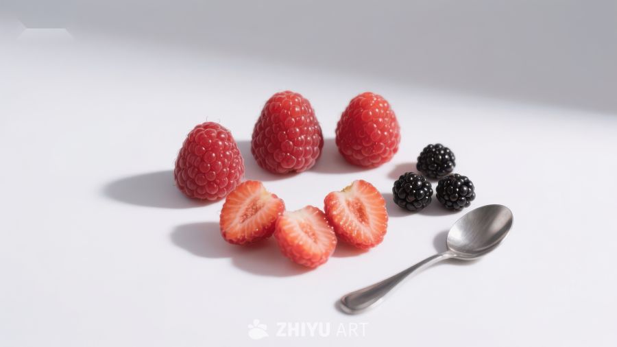 新鲜浆果与银勺的静物组合