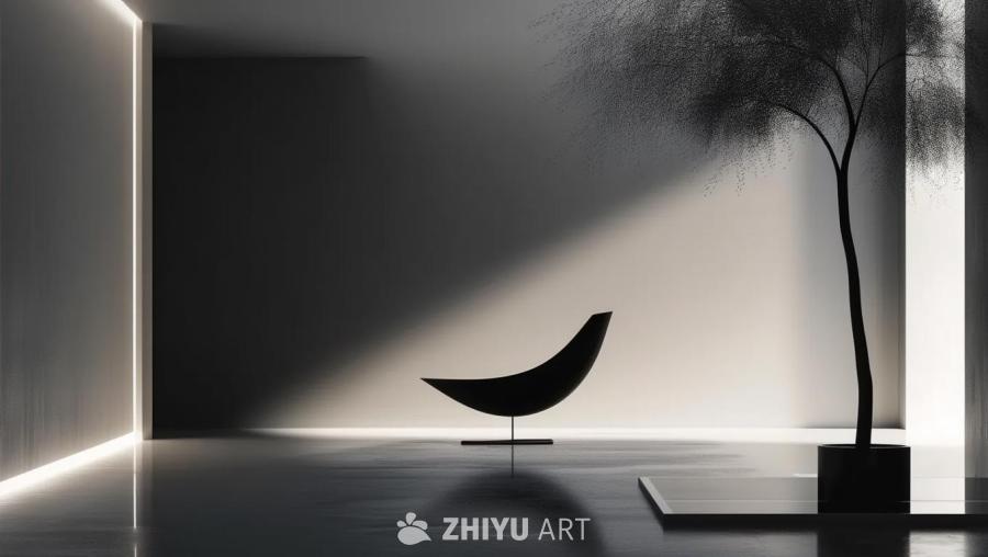 房间内，一盏聚光灯照亮一把曲线优美的黑色椅子，椅子