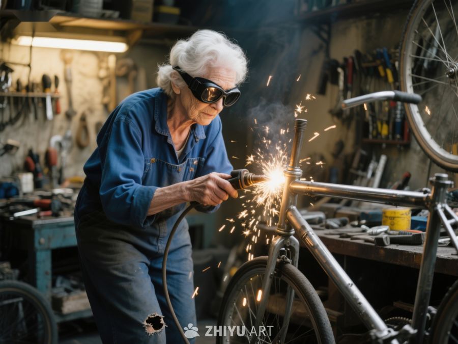 老人在车间焊接自行车 485