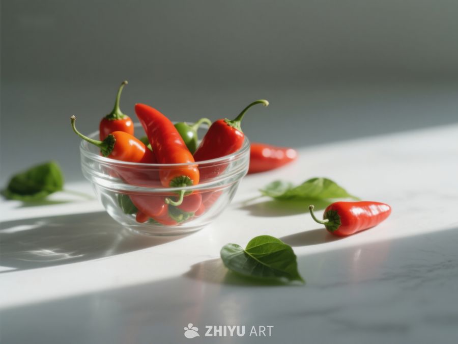 玻璃碗中的红辣椒与绿叶 9