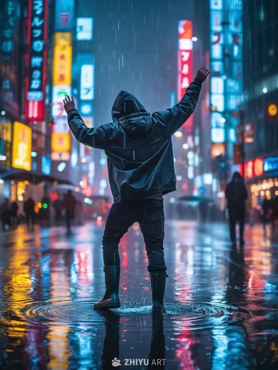 夜晚，一个年轻男子站在雨中，他穿着一件大帽衫和雨靴