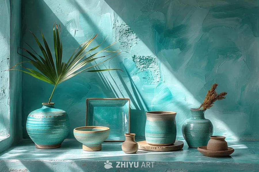 以莫兰迪色系为灵感的静物场景，主色调为水绿色。画面