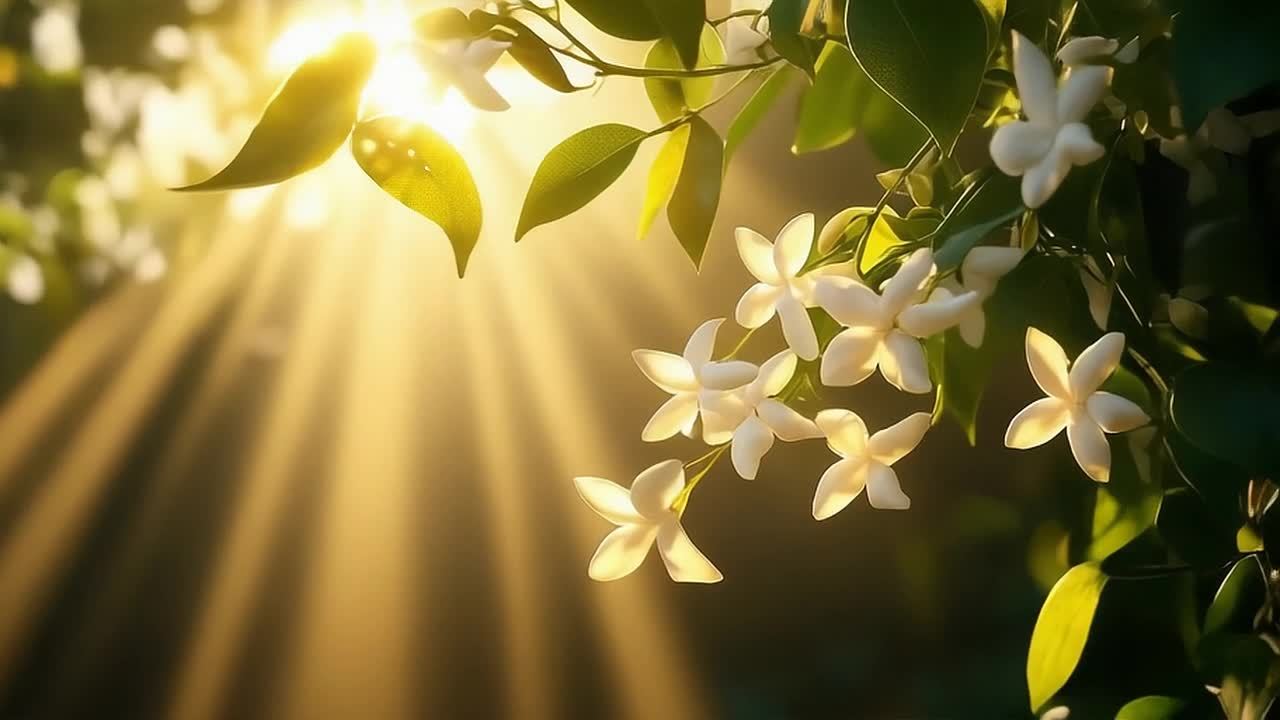 金色阳光穿过滤过盛开的茉莉花叶片。