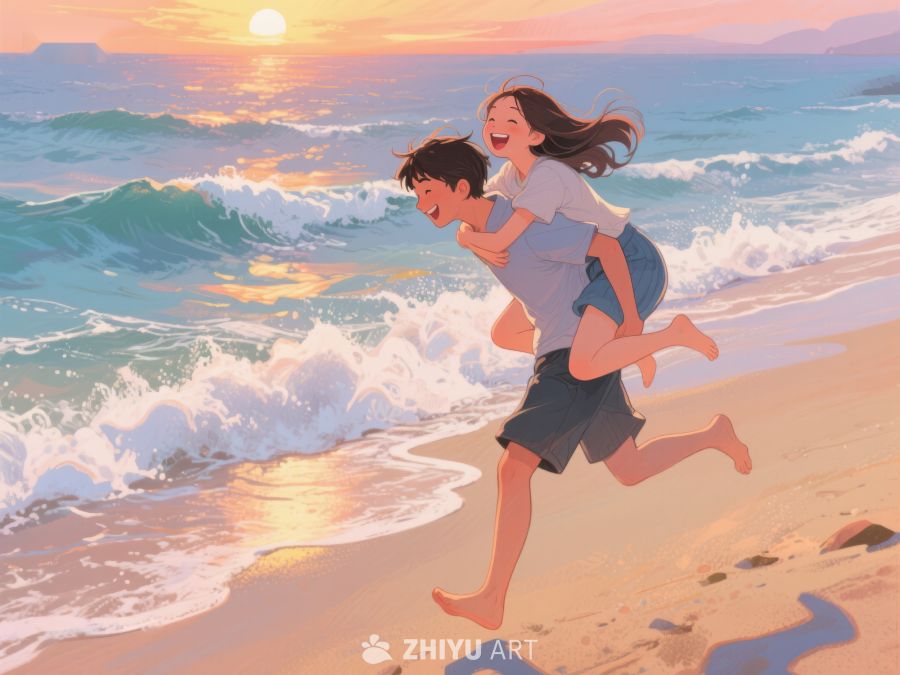 海滩日落下的欢笑时刻 256