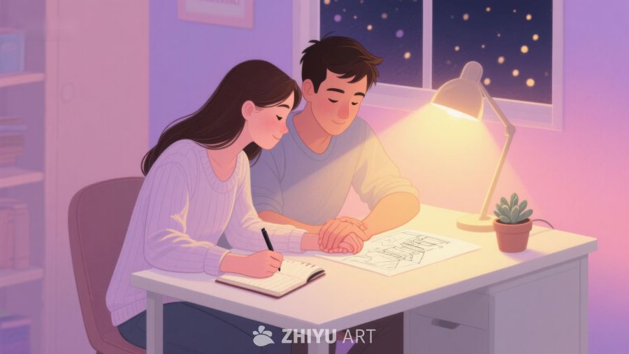 夜晚桌前共同学习的两人 601