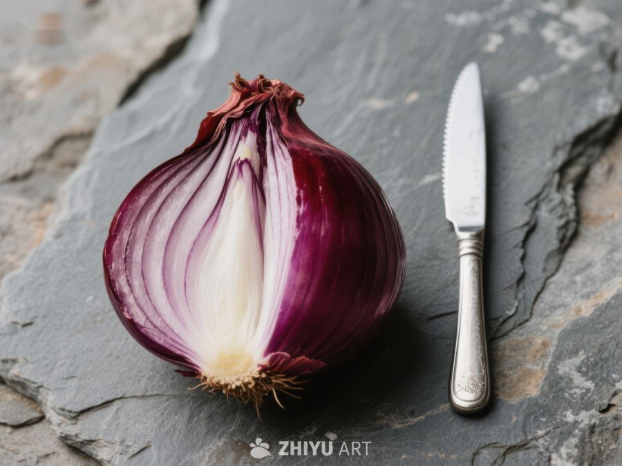 红洋葱与刀具静物图 130