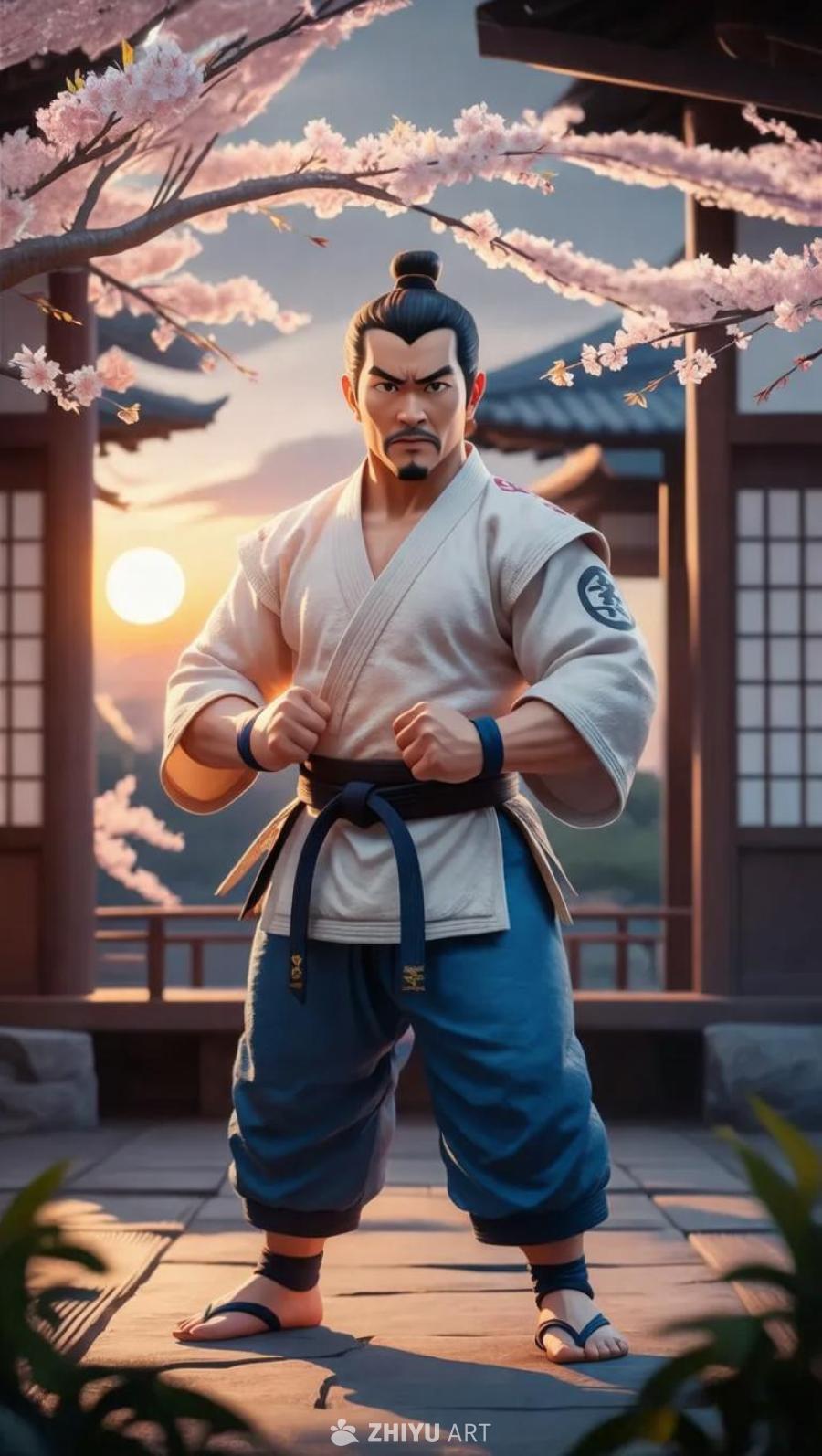 一位肌肉发达的武术大师Esquilo站在一个宁静的