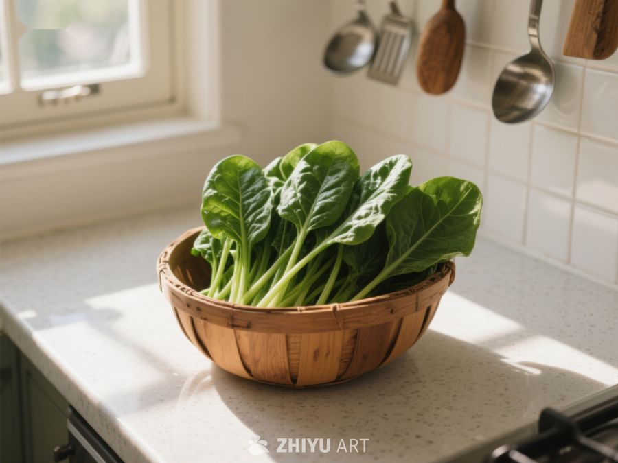 厨房台面上的绿叶蔬菜篮 87