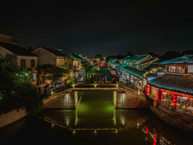 航拍 浙江 西塘水乡 夜景