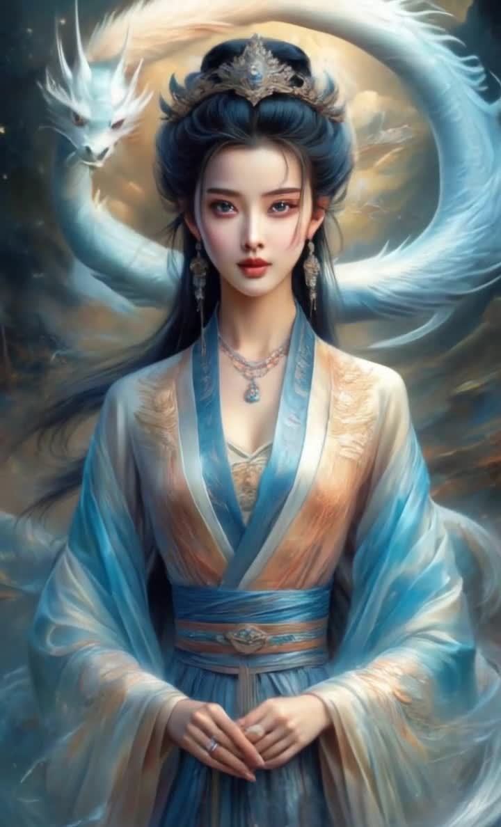 一位东方女性身着蓝黄相间的古典服饰，头戴发饰，长发