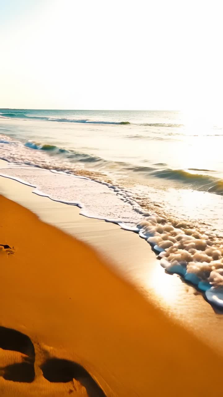 沙滩上留有脚印，通向海边。海浪轻柔地拍打着海岸线，