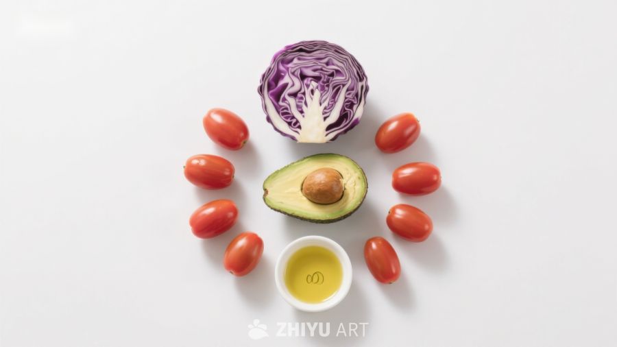 新鲜蔬果与橄榄油摆盘