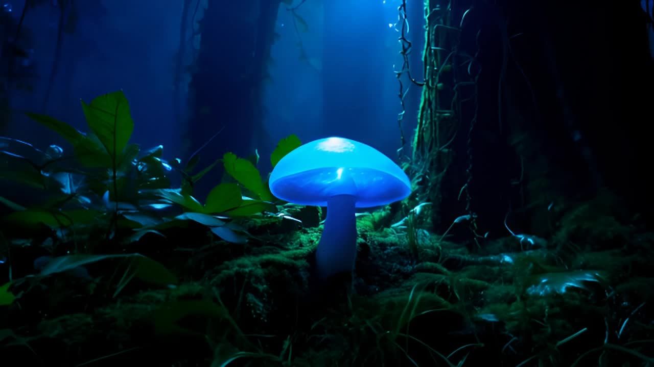 在幽暗的森林中，一朵巨大的蓝色透明蘑菇生长在野草中