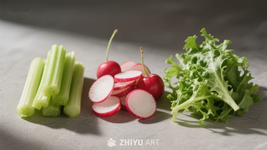 新鲜蔬菜组合：芹菜、樱桃萝卜和生菜