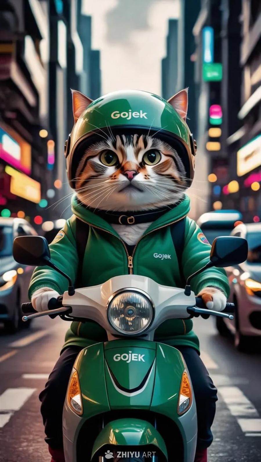 一只身穿绿色Gojek夹克和头盔的拟人化胖猫，正驾