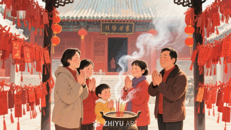 家庭在寺庙前祈福 589