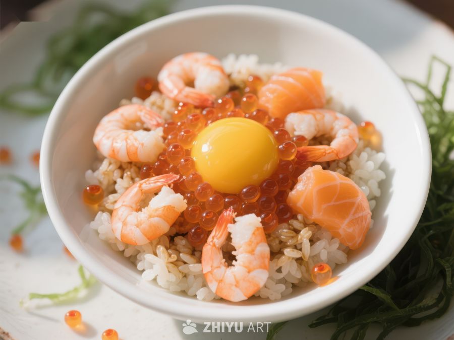 海鲜丼饭配虾仁鱼籽和生蛋黄 32