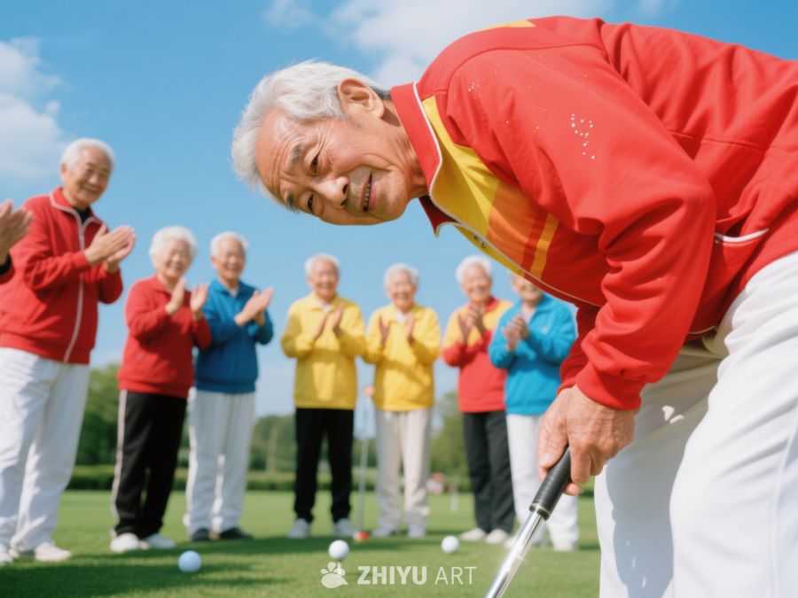 老人高尔夫球场挥杆，众人鼓掌 376