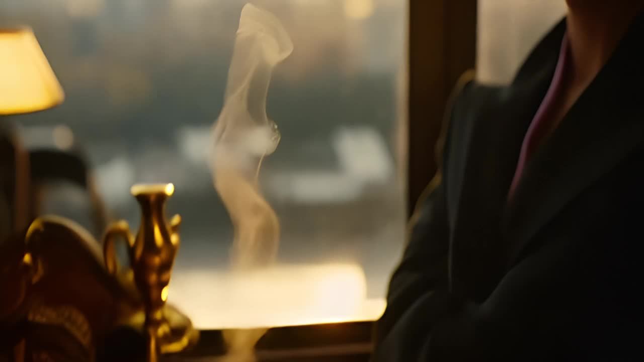 桌子上放着两个茶杯，其中一个茶杯里有蒸汽冒出。一个