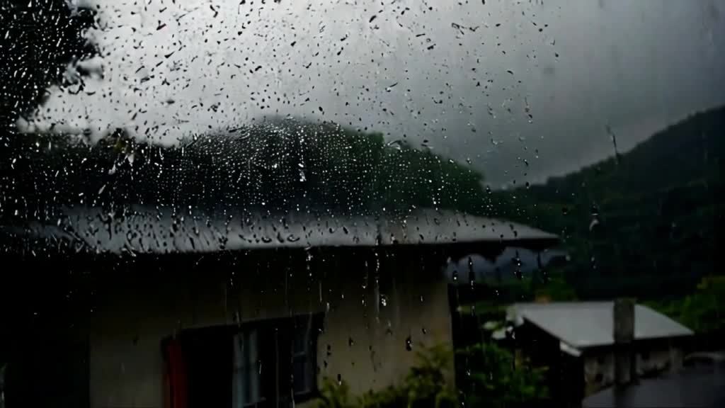雨水打在农村房屋的屋顶上，雨滴在玻璃上，背景是山峦