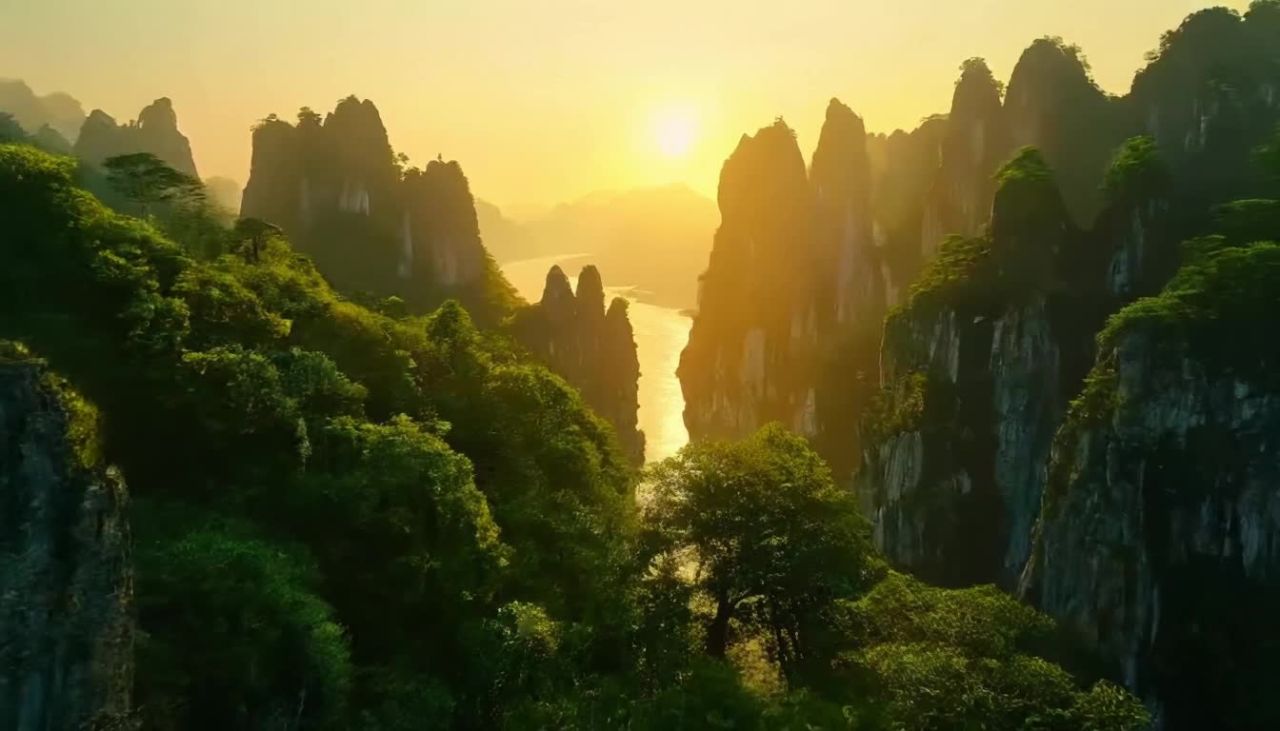 千丈悬崖耸立，翠色欲流，夕阳的光辉洒在山间，将一川