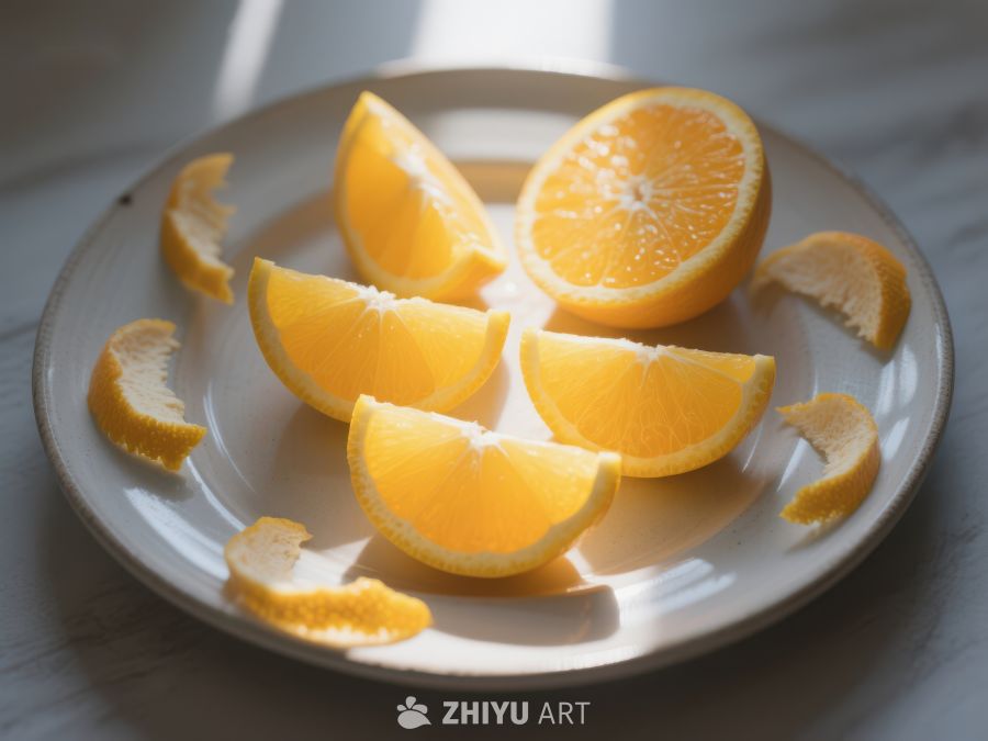 切片橙子置于白色盘中 448
