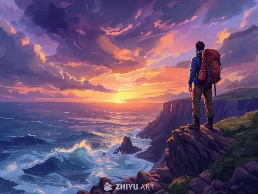 一个穿着徒步背包的男人站在悬崖边，眺望着下面的广阔