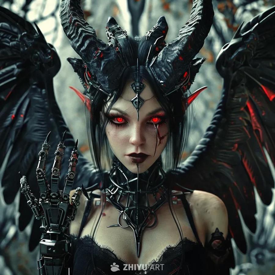 一个长着翅膀、角和机械手的恶魔女士，有着细长的腰肢