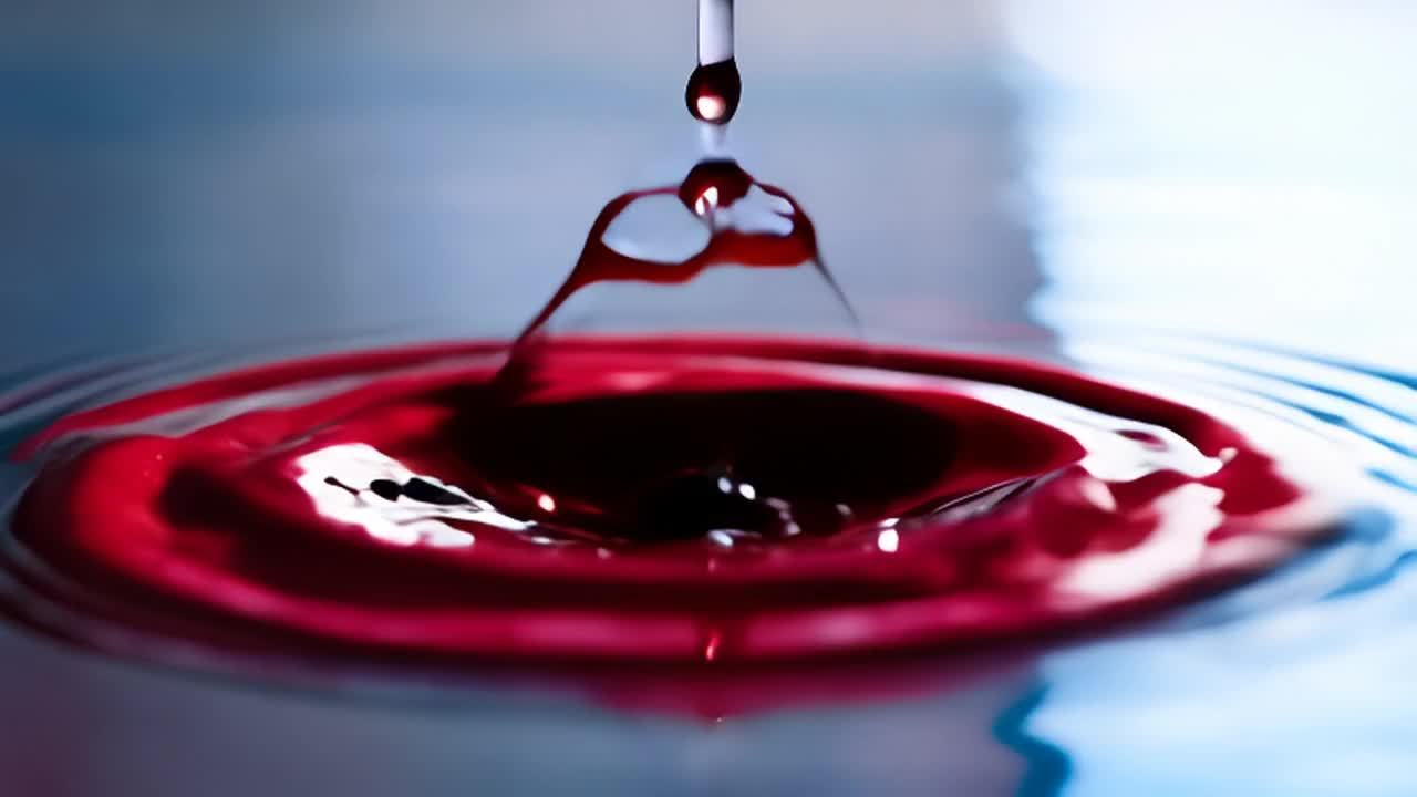 一滴水滴落入平静的水池中，产生涟漪。水滴撞击后变成