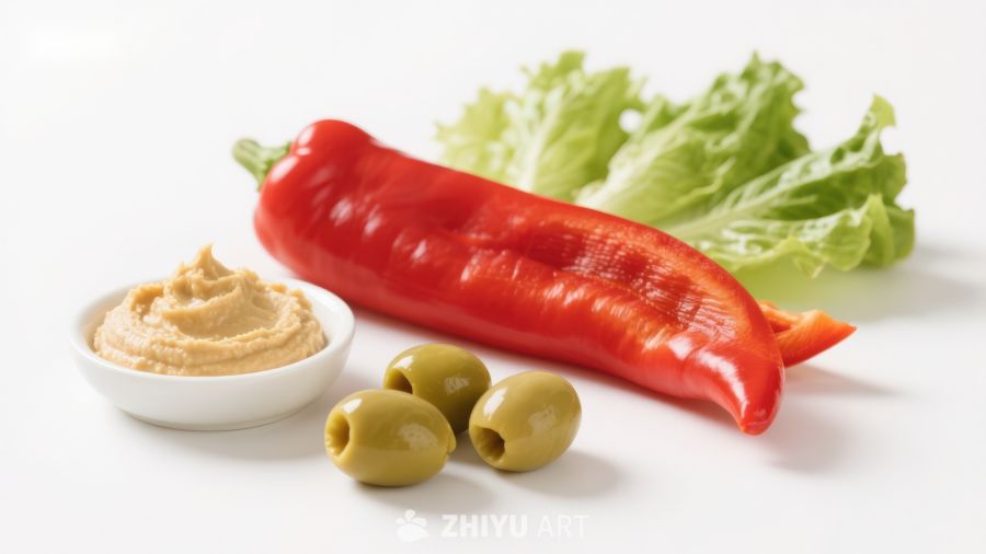 新鲜蔬菜与鹰嘴豆泥摆盘