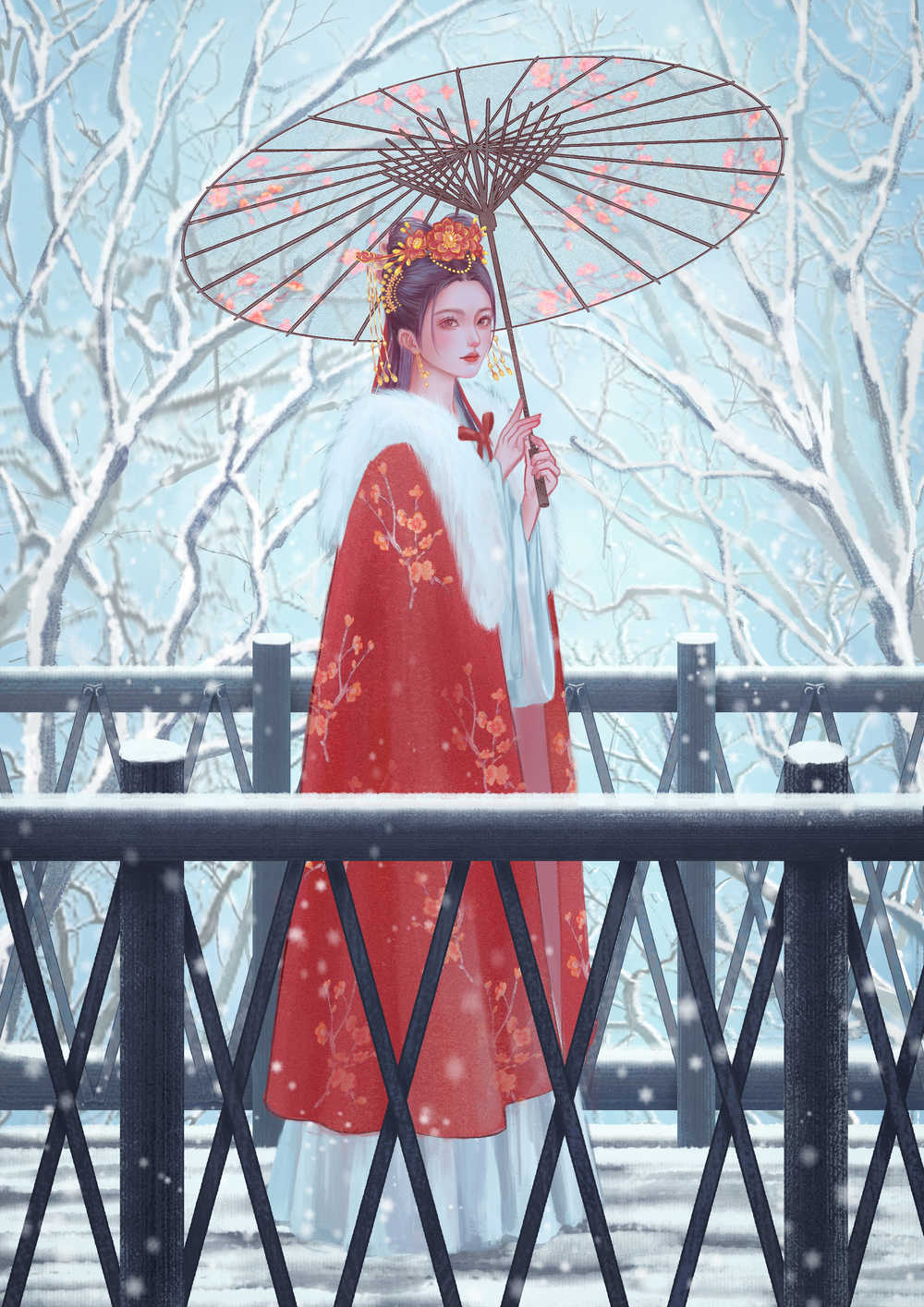 木桥下雪撑伞红披风斗篷唯美少女插画