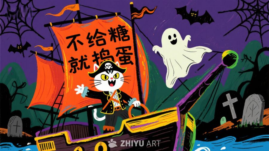 万圣节海盗船上的可爱猫与幽灵